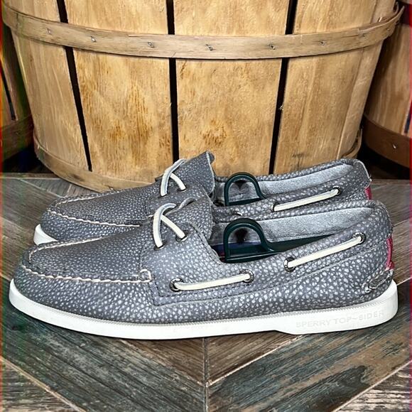 Sperry A/O 2-Eye Washed Flecked Pebbled Gray Red Leather Boat Shoes Mens Size 7 - Picture 2 of 11